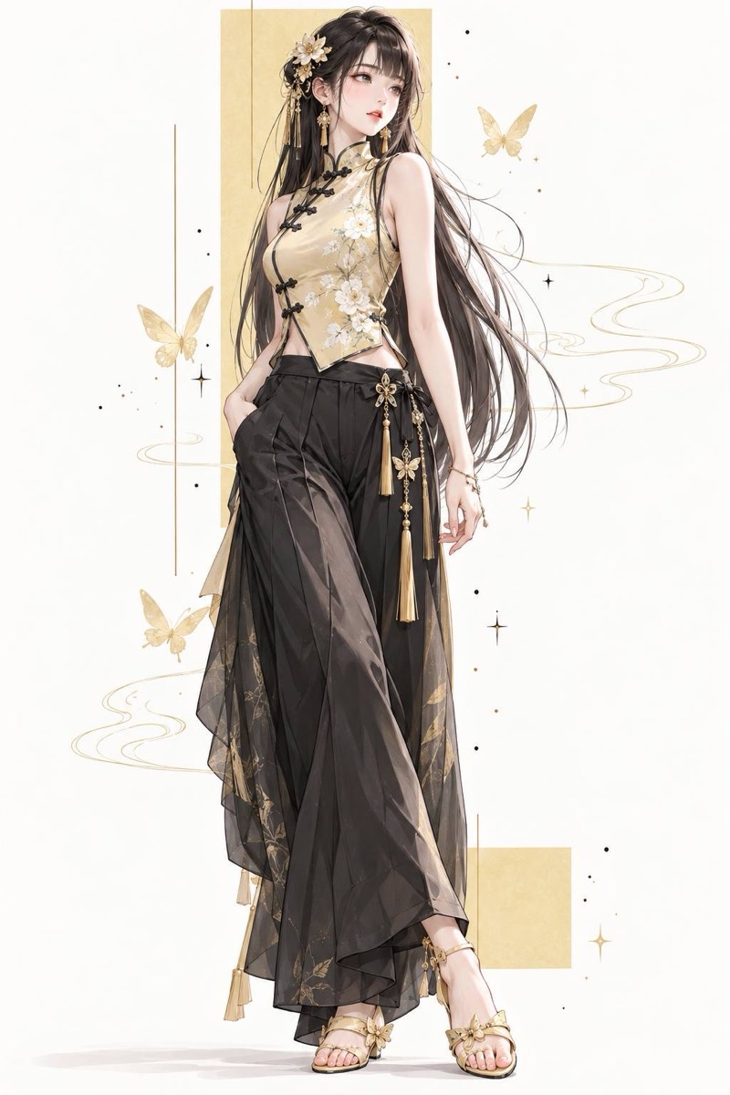 秋：金色蝴蝶環繞的女孩插畫