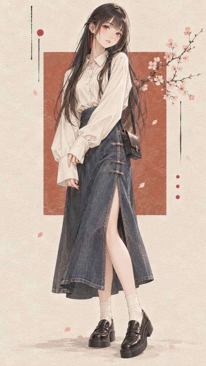 春：紅底櫻枝前的長髮女孩插畫