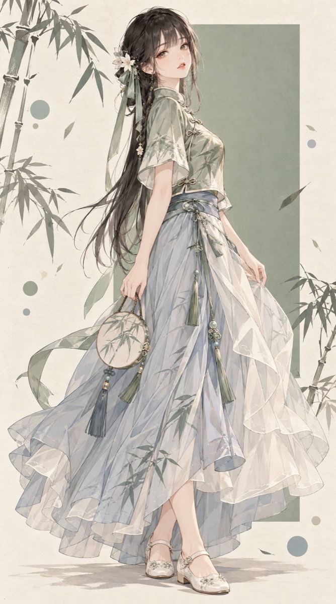 夏：竹林前的青衫女孩插畫