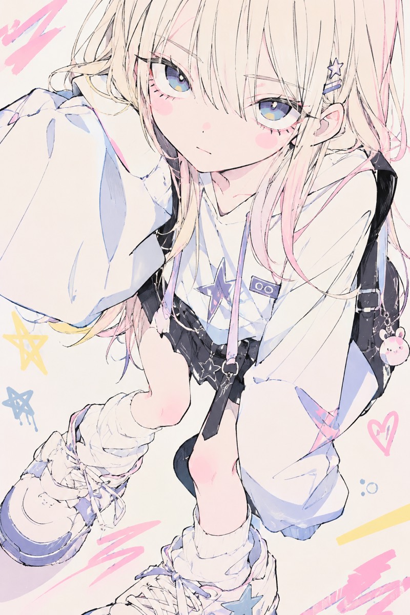 蹲著的粉彩插畫女孩，四周塗著星星與愛心