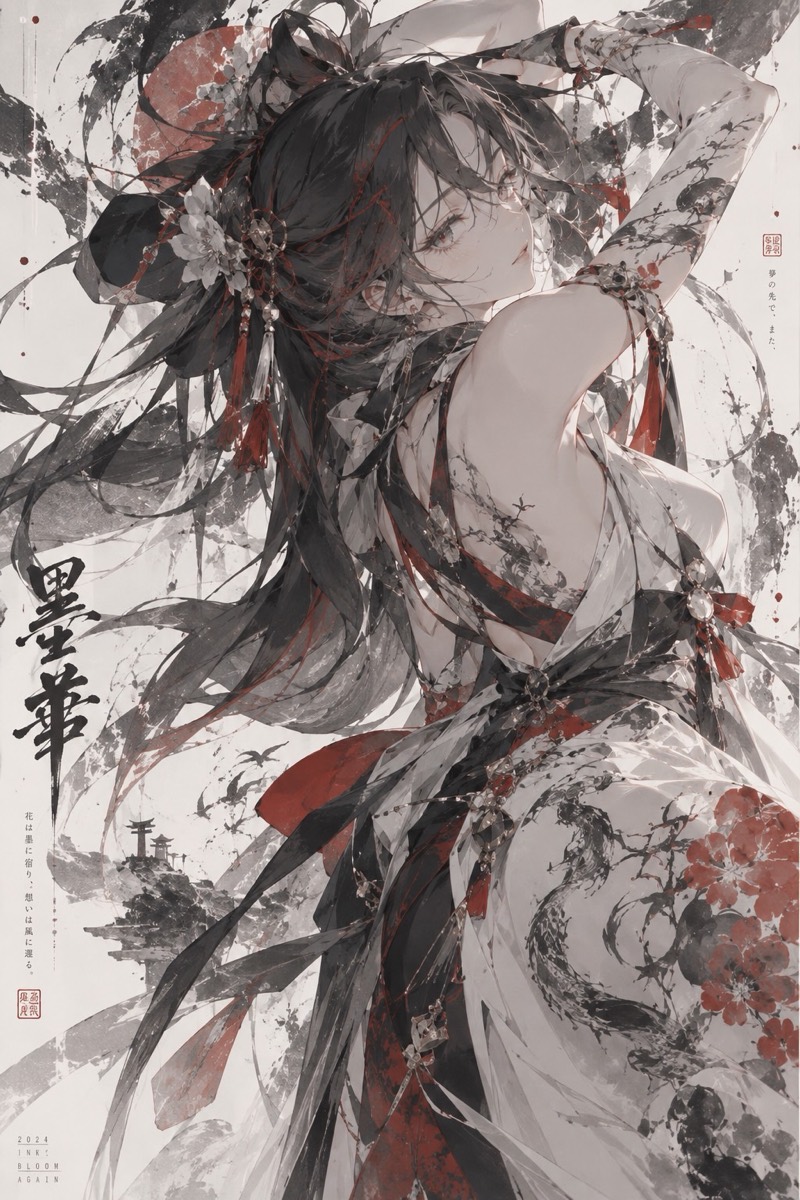 冬：墨色與朱紅的水墨風插畫